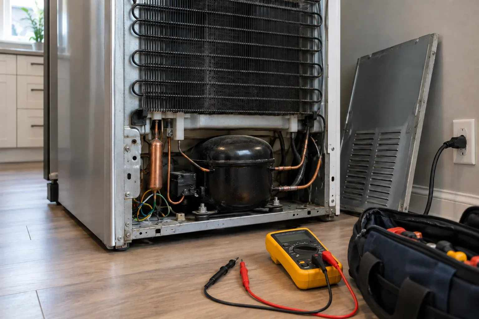 Refrigerator compressor and condenser coils with a multimeter ready for testing: fridge compressor repair in Bolton
